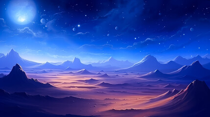Beautiful fantasy night sky in a desert with planets. AI generative