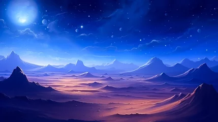 Fototapete Dunkelblau Beautiful fantasy night sky in a desert with planets. AI generative