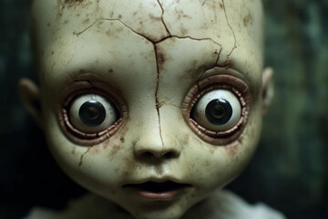 close up of the face of a creepy horror doll. generative AI