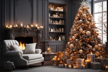large beautiful decorated christmas tree and gift boxes in dark moden living room with fireplace and large window, copy space. Winter holidays concept.