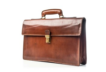 A brown leather briefcase on a white background created with Generative AI technology