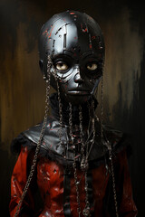 painting of a puppet with black leather mask, gothic art, creepy art, surreal art. Generative AI