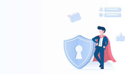 Concept of protection data and password form online threat. Super boss standing near shield protect account access, protect password. Flat vector design illustration with copy space.