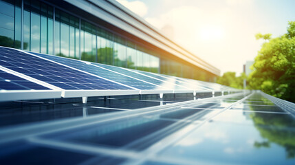 Low angle view of solar panels on office building - obrazy, fototapety, plakaty