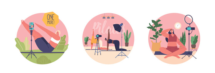 Isolated Round Icons Or Avatars With Women Characters Lead Pilates Vlog, Showcasing Exercises And Routines