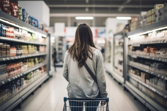 A Photo Of A Beautiful Young American Woman Shopping In Supermarket And Buying Groceries And Food Products In The Store. Photo Taken From Behind Her Back. Generative AI