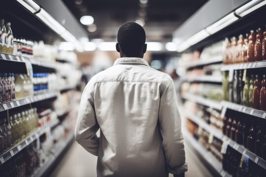 A Photo Of A Handsome Young Black African American Man Shopping In Supermarket And Buying Groceries And Food Products In The Store. Photo Taken From Behind His Back. Generative AI