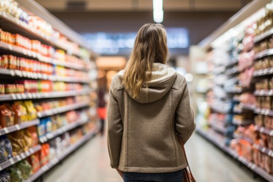 a photo of a beautiful young american woman shopping in supermarket and buying groceries and food products in the store. photo taken from behind her back. Generative AI