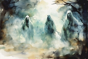 Ghosts and ghouls lurking in the shadows, watercolor style, Halloween, Generative AI