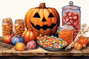 Halloween candy and treats arranged in a colorful display, watercolor style, Halloween, Generative AI