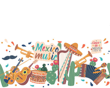 Vibrant Seamless Pattern Featuring Traditional Mexican Musical Instruments Like Maracas, Guitarron, And Trumpet, Harp