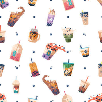 Premium Vector  Bubble tea seamless pattern taiwanese boba with tapioca  balls pearl milk tea asian popular cold drink creative design textile  wrapping paper wallpaper vector texture isolated on white background