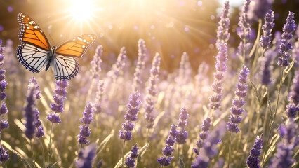 Sunny summer nature background with fly butterfly and lavender flowers with sunlight and bokeh. Outdoor nature banner