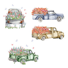 Watercolor composition with flowers and farm car. Butterflies in cartoon style.Hand drawn illustration perfect for scrapbooking, kids design, wedding invitation,posters, greetings cards.