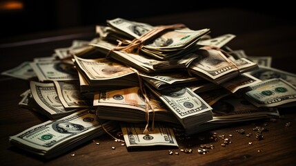 A large bundle of dollars lies on an expensive wooden desktop on dark background - obrazy, fototapety, plakaty