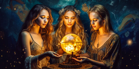 Mystical depiction of bohemian women symbolizing Fire, Earth and Air astrological elements, intriguingly studying an ancient chart, amidst a galaxy-themed backdrop. Generative AI
