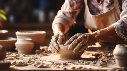 The hands of an person potter making a clay pot