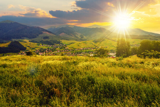 mountainous rural landscape at sunset. village in the valley. pasture with herbs near forest on the hill. beautiful countryside scenery in evening light
