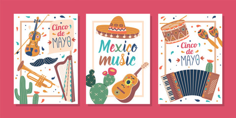 Colorful Banners With Mexican Musical Instruments, Celebrating Culture Of Mexico. Mariachi Guitar, Maracas, Trumpet
