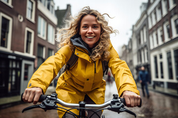 Woman on bicycle, riding in street, dutch vibe, Holland, The Netherlands, Amsterdam, wearing yellow rain coat
