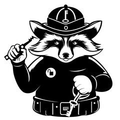 locksmith raccoon vector illustration , Raccoon Mascot character with a tool belt wearing a hat with a key emblem vector image