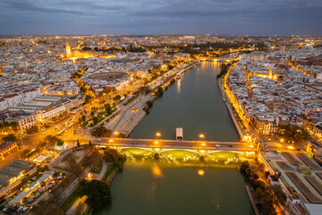 Aerial view of the Seville cityscape at night, Andalusia region, Spain. - 631877759