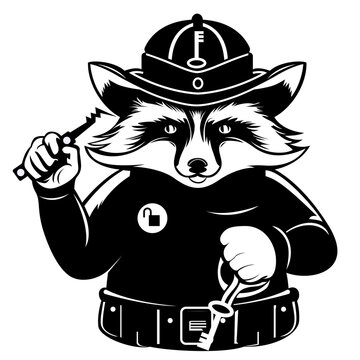 recommend clip art: locksmith raccoon vector illustration , Raccoon Mascot character with a tool belt wearing a hat with a key emblem vector image