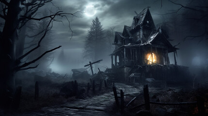 Old haunted scary abandoned house in a mysterious horror forest at full moon night. Generative AI