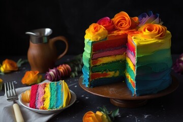A rainbow cake with rainbow frosting and roses on a wooden cake stand and a slice on a white plate.