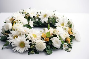 A white flower wreath on a white background, with white daisies on the outer edge, white roses on the inner edge, and green leaves between the flowers, resting on a white surface.