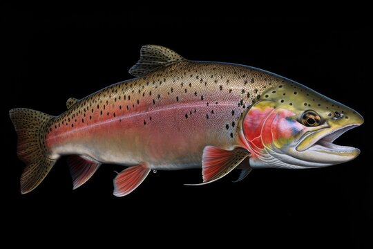 A rainbow trout fish with a pink stripe and red fins on a black background.