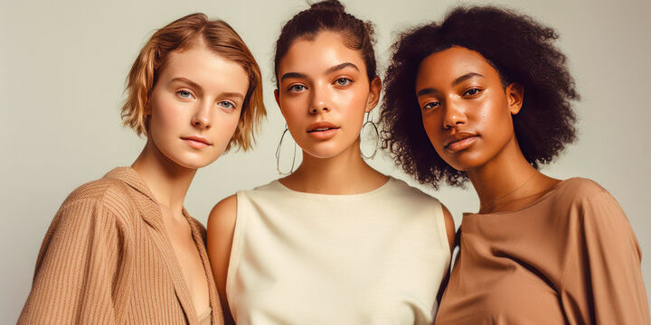 Sophisticated trio of young women admiring delicate jewelry, radiating elegance through minimalist fashion—neutral colors, simplistic accessories on beige backdrop. Generative AI