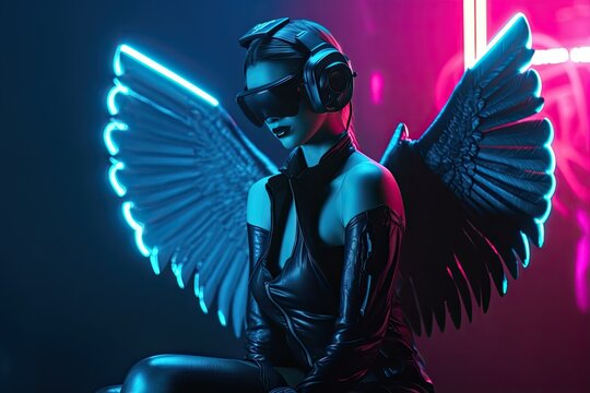 A Girl Wearing A Black Bodysuit And Headphones, With Blue Light Wings, Sitting On A Stool In A Dark Room With A Pink Neon Sign.