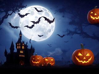 Halloween background with pumpkins, castle, bats and full moon