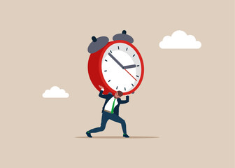 Frustrated businessman carrying huge with watch. Deadline failure makes him crazy. Work deadline or time management. Flat vector illustration