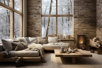 Rustic modern ecolodge Scandinavian living room interior design, generative ai