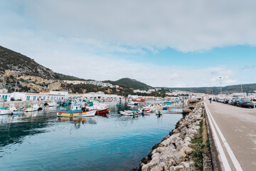 Fototapeta na wymiar Marina harbour with fishing yachts in Sesimbra, Portugal
