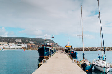 Marina harbour with fishing yachts in Sesimbra, Portugal