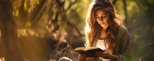Beautiful caucasian girl reading holy bible book in jungle