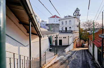 Elevador do Lavra Train Station. Travel by Portugal. Old retro tram funicular elevator train on Lisbon street.