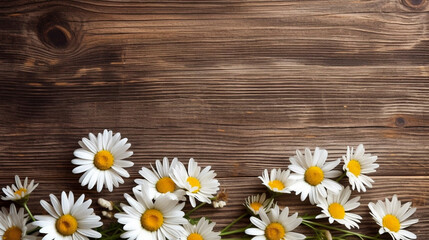 AI generated, background illustration, Background with daisies on a wooden background. Flowers on a natural wooden background. Copy space is available.