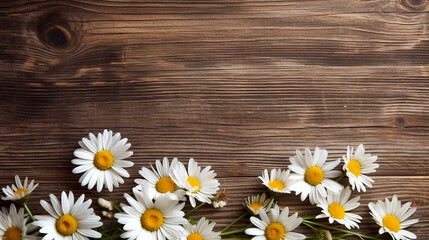 Obraz premium AI generated, background illustration, Background with daisies on a wooden background. Flowers on a natural wooden background. Copy space is available.