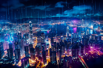 smart city, technology, midnight, network, urbanization. smart city and abstract dot point connect with gradient line and aesthetic Intricate wave line design, big data connection technology concept.