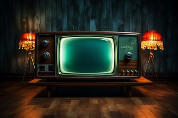 Vintage television illuminates an empty room, casting nostalgic shadows, offering ample copy space.