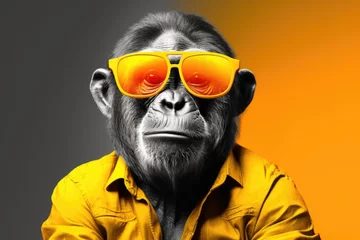 Gordijnen Colorful portrait of a monkey  wearing fashionable sunglasses and yellow shirt on monochrome background, . Funny photo of animal looks like a human on trend poster. Zoo club  © Hope