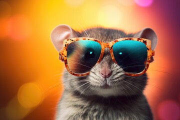 Colorful portrait of smiling happy mouse  wearing fashionable sunglasses with hairstyle on monochrome background, . Funny and cute photo of animal looks like a human on trend poster. Zoo club 