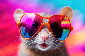 Colorful portrait of smiling happy mouse  wearing fashionable sunglasses on monochrome background. Funny photo of animal looks like a human on trend poster. Zoo club 