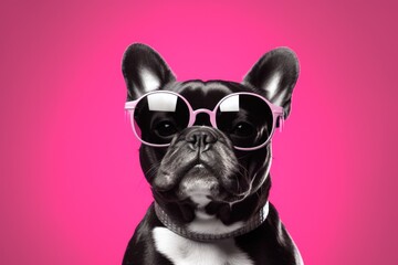 Colorful portrait of serious dog wearing fashionable sunglasses on pink  monochrome background . Funny photo of animal looks like a human on trend poster. Zoo club 