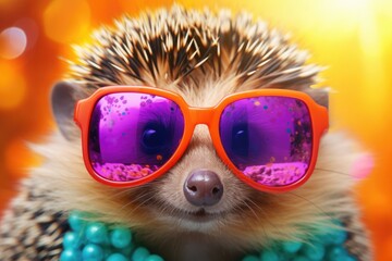 Portrait of smiling happy hedgehog wearing fashionable sunglasses and looking at camera on monochrome background. Funny, cute photo of animal looks like a human on trend poster. Zoo club 