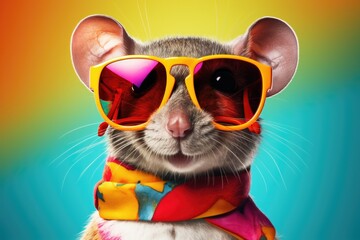 Naklejka premium Portrait of smiling happy hedgehog wearing fashionable sunglasses and looking at camera on monochrome background. Funny, cute photo of animal looks like a human on trend poster. Zoo club 